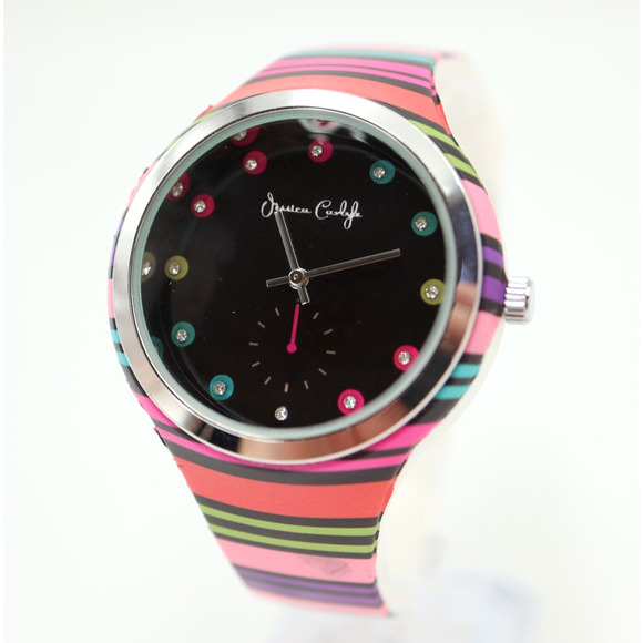 Jessica Carlyle Multicolor Watch 38mm Black Jeweled Dial Silicone Strap Working - Picture 1 of 14